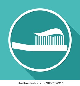 Toothbrush icon on white circle with a long shadow
