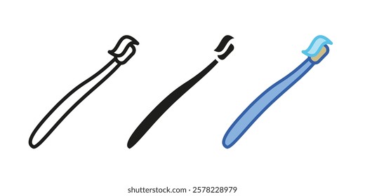 Toothbrush icon. Oral hygiene symbol. Teeth care sign. Dental tooth brush with tooth paste pictogram. Plastic toothbrush vector illustration. Bathroom morning routine equipment concept isolated.