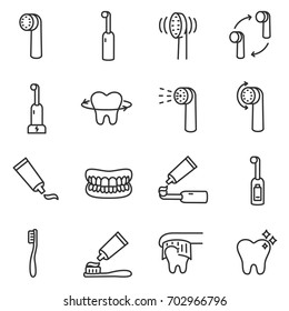 Toothbrush icon set. Teeth cleaning.Electric or conventional toothbrushes. Line with editable stroke.Collection of linear icons