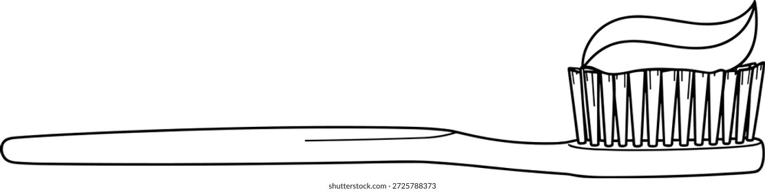 Toothbrush icon with toothpaste on bristles for hygiene, dental care, morning routine, oral health, and bathroom product design content