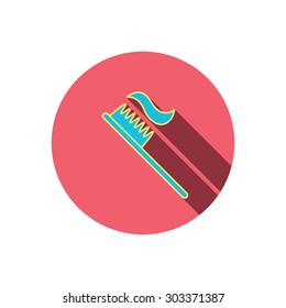 Toothbrush icon. Toothpaste sign. Dental oral cleaning symbol. Red flat circle button. Linear icon with shadow. Vector