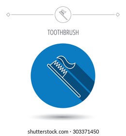 Toothbrush icon. Toothpaste sign. Dental oral cleaning symbol. Blue flat circle button. Linear icon with shadow. Vector