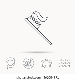 Toothbrush icon. Toothpaste sign. Dental oral cleaning symbol. Global connect network, ocean wave and chat dialog icons. Teamwork symbol.