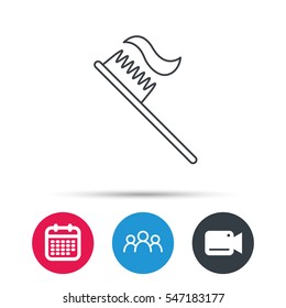 Toothbrush icon. Toothpaste sign. Dental oral cleaning symbol. Group of people, video cam and calendar icons. Vector