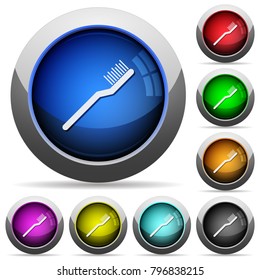 Toothbrush icons in round glossy buttons with steel frames