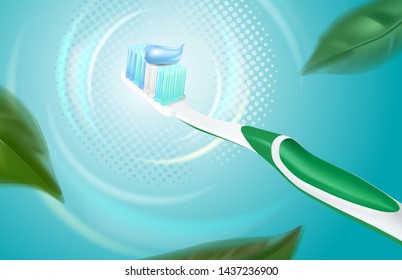 Toothbrush isolated on solid color background ads, Realistic vector 3d illustration, Of free space for your texts and branding.