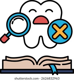 A toothbrush with a magnifying glass on it is shown with a smile, as if it is examining its own teeth