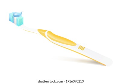 El cepillo de dientes se burla del fondo blanco. Ilustración 3d vector realista, De espacio libre para sus textos y marca.