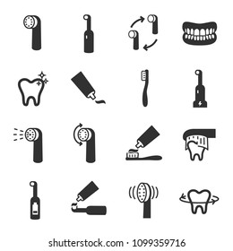 Toothbrush, monochrome icons set. cleaning.Electric or conventional toothbrushes, simple symbols collection