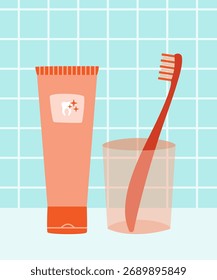 Escova de dentes, caneca e ilustração de pasta de dente com fundo ladrilhado.