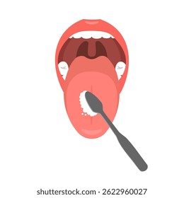 Toothbrush  for oral hygiene. Clean white tooth and tongue. Healthy lifestyle and dental care. Isolated flat vector illustration