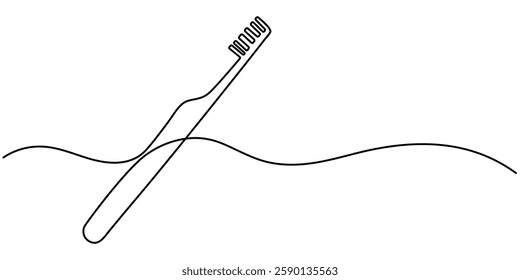 Toothbrush with a paste in continuous one line art style. Dental care concept. Simple vector illustration, Single one line drawing toothbrush with toothpaste. Dental care equipment at home. Brushing.