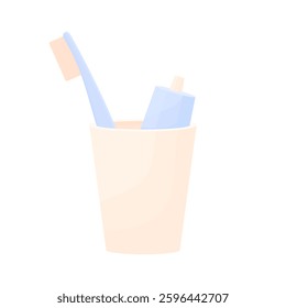 Toothbrush with paste in a glass in cartoon style on a white background isolated. Dental and oral health care concept