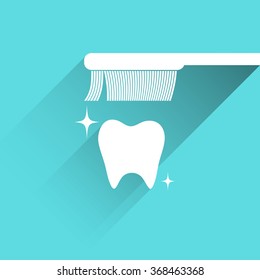 Toothbrush and paste icon with long shadow with teeth, isolated,Flat design modern vector illustration
