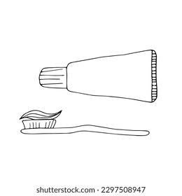 Cepillo de dientes y pasta sobre fondo blanco aislado en estilo doodle.