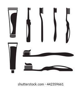 Toothbrush with paste set: black, isolated icons on a white background