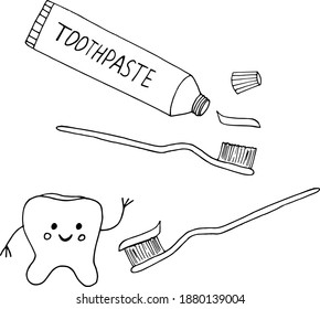 toothbrush with paste, tube tooth smiling and waving hand set icon, concept sticker, poster. sketch drawn doodle. vector monochrome minimalism. teeth cleaning, dental, health, cute character