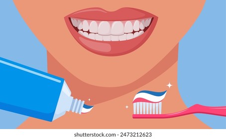 Toothbrush with paste and tube of toothpaste. Beautiful smiling mouth with healthy teeth. Substance used on a brush for cleaning teeth. Dental and oral care concept. Teeth hygiene. Vector