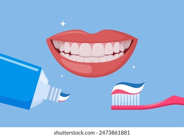 Cepillo de dientes con pasta y tubo de pasta de dientes. Bella boca sonriente con dientes sanos. Sustancia utilizada en un cepillo para limpiar los dientes. Concepto de cuidado dental y bucal. Higiene dental. Vector