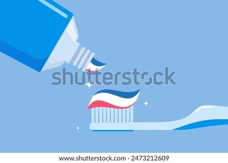 Toothbrush with paste and tube of toothpaste. Substance used on a brush for cleaning teeth. Dental and oral care concept. Teeth hygiene. Vector illustration