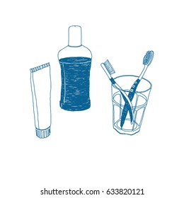 Toothbrush and paste.Care of teeth. Vector hand-drawn sketch.