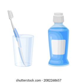 Toothbrush Rested in Glass and Mouthwash in Bottle for Oral Hygiene Vector Set