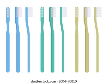 Toothbrush set, blue, green, yellow color manual brush for oral hygiene. Straight long handle classic cosmetic dentistry design with flat brushing surface. Vector flat style cartoon illustration