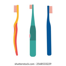 Toothbrush set. Electric and regular toothbrushes in clip art style. Modern vector illustration for your design