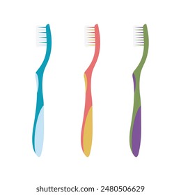 Toothbrush set on white insulated background with different colours. Dentistry concept, oral care. Vector