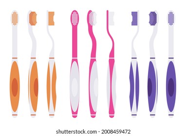 Toothbrush set, orange, pink, blue manual brush for oral hygiene. Rubber grip non-slip handle ergonomic design for healthy, clean teeth and medical stomatology. Vector flat style cartoon illustration