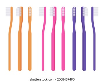 Toothbrush set, orange, pink, blue color manual brush for oral hygiene. Straight long handle classic cosmetic dentistry design with flat brushing surface. Vector flat style cartoon illustration