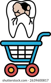 A toothbrush is shown next to a shopping cart. The toothbrush is missing a tooth and has a black spot on it. The shopping cart is blue and has a handle. Concept of dental hygiene