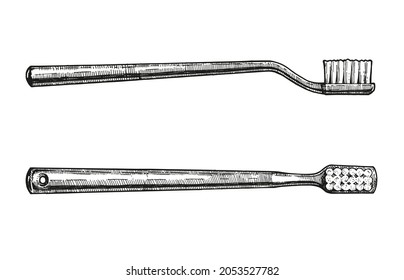 Toothbrush sketch ink. Vector hand-drawn illustration. Vintage style engraving. Top and side view