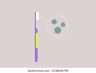 Eine Zahnbürste steht aufrecht und zeigt winzige Bakterien, die auf ihren Borsten lauern, was die Notwendigkeit einer gründlichen Reinigung und Sensibilisierung in der täglichen Mundpflege unterstreicht