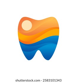 A toothbrush with a sun on it. The sun is yellow and orange. The toothbrush is blue and white