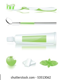Toothbrush, toothpaste, apple, gum and mint