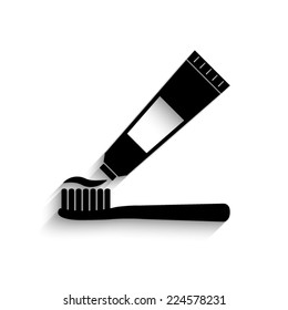 Toothbrush and toothpaste - black vector icon with shadow