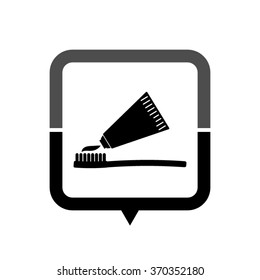 Toothbrush with toothpaste - black vector icon; map pointer;  message bubble