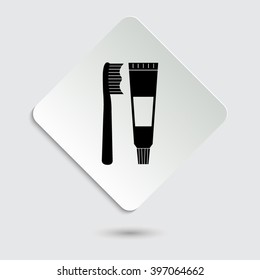 Toothbrush and toothpaste - black vector icon  on a paper button