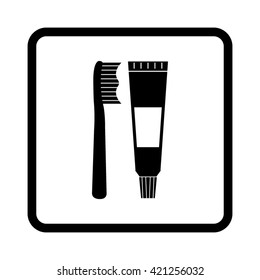 Toothbrush and toothpaste  - black vector icon