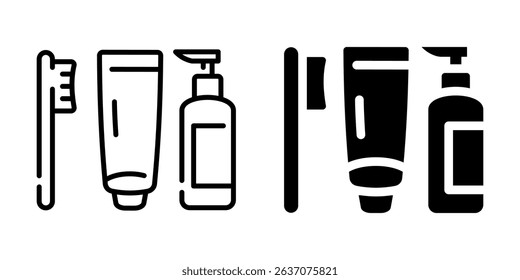 Toothbrush, toothpaste and bottle icon. Line and silhouette style.