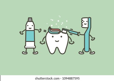 toothbrush and toothpaste are brushing teeth to healthy white tooth - dental cartoon vector flat style cute character for design