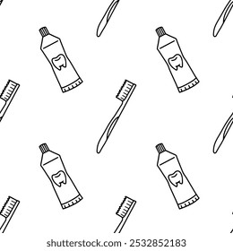 Cepillo de dientes y pasta de dientes de dibujos animados doodle sin patrón, Vector.	