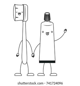 toothbrush and toothpaste in cartoon holding hands in monochrome silhouette vector illustration