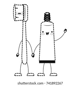 toothbrush and toothpaste in cartoon holding hands in black dotted silhouette vector illustration