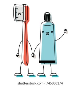toothbrush and toothpaste in cartoon holding hands in watercolor silhouette vector illustration
