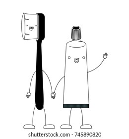 toothbrush and toothpaste in cartoon holding hands in black silhouette vector illustration