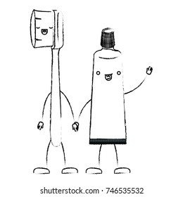 toothbrush and toothpaste in cartoon holding hands in monochrome blurred silhouette vector illustration