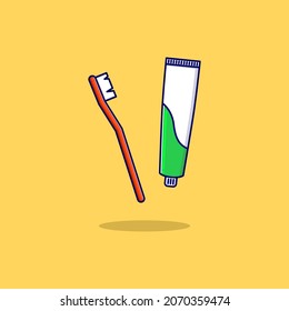 Ilustración de icono de estilo de dibujos animados de cepillo de dientes y pasta dental. Cepillo de dientes flotante y pasta dental sobre fondo amarillo
