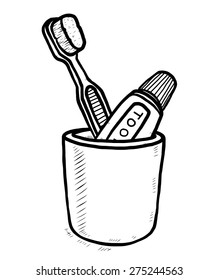 toothbrush and toothpaste / cartoon vector and illustration, black and white, hand drawn, sketch style, isolated on white background.